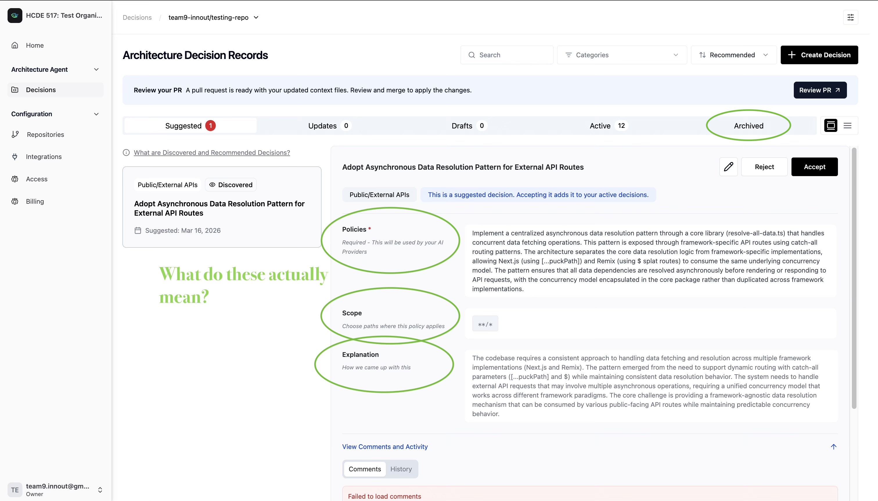 Annotated Architecture Agent interface showing where developers struggled to form a mental model